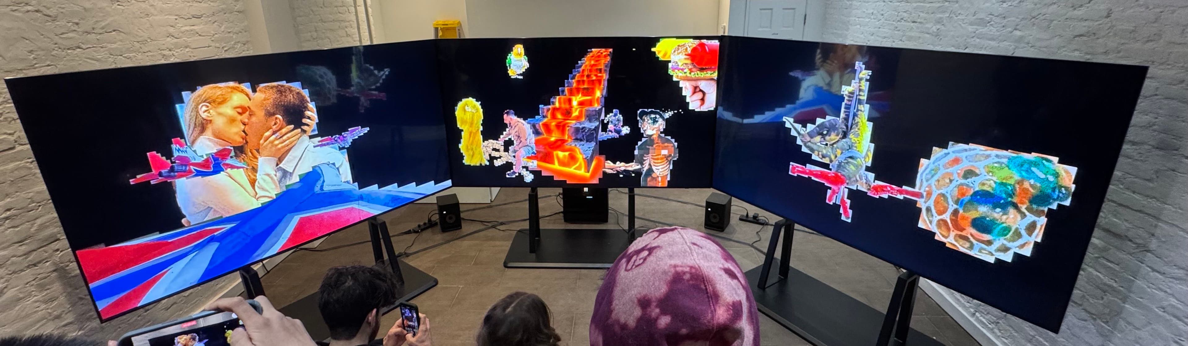 Petting Zoo: THUNDERBONE installed as three adjacent channels across a wide wall.