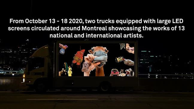 Petting Zoo: Noble Orphans presented on a mobile screen mounted to a truck.